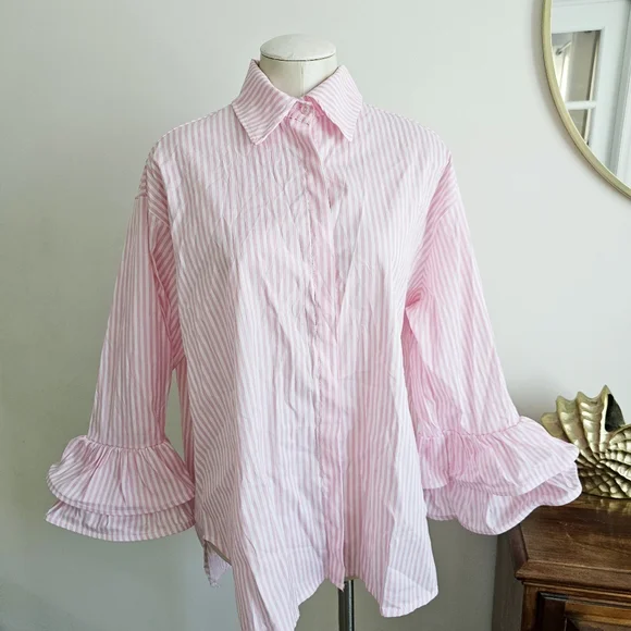 Italian 100% Cotton By Coco Pink White Striped Ruffle Button Up Shirt Size L/XXL - Picture 2 of 15